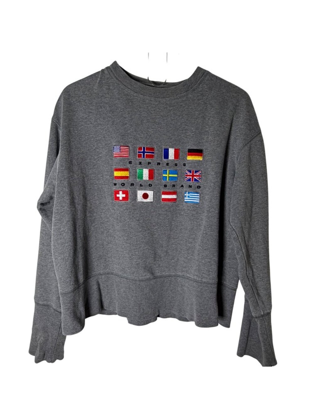 Vintage Express International Cropped Sweatshirt XS Oversized Gray World Flags